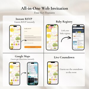 K&ouml;nnte beinhalten: Grafik f&uuml;r eine All-in-One-Web-Einladung mit vier Schl&uuml;sselfunktionen: Sofort-RSVP, Baby-Registry-Verkn&uuml;pfung, Google Maps-Integration und Live-Countdown. Jede Funktion wird auf einem Smartphone-Bildschirm mit gelbem und floralem Design angezeigt.