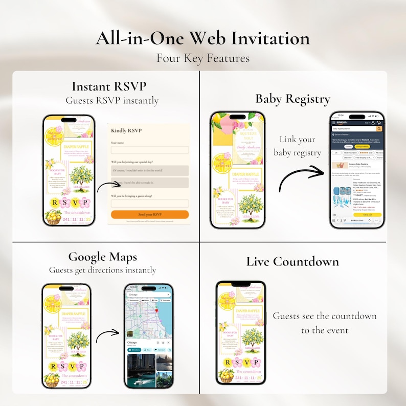 K&ouml;nnte beinhalten: Grafik f&uuml;r eine All-in-One-Web-Einladung mit vier Schl&uuml;sselfunktionen: Sofort-RSVP, Baby-Registry-Verkn&uuml;pfung, Google Maps-Integration und Live-Countdown. Jede Funktion wird auf einem Smartphone-Bildschirm mit gelbem und floralem Design angezeigt.