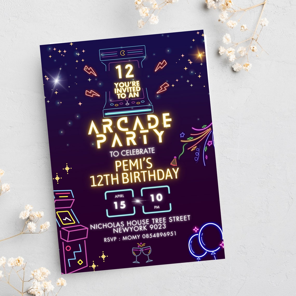 Editable Arcade Birthday Party Invitation, Canva Template, Mobile ...
