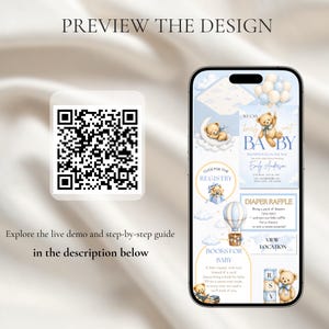 May include: A smartphone displaying a digital baby shower invitation suite featuring teddy bears, blue balloons, and clouds. The screen shows text including 'We can bearly wait', 'Diaper Raffle', and 'Books for Baby'. A QR code is visible to the left.
