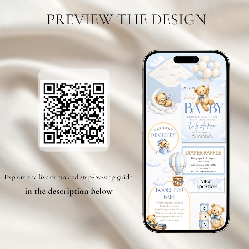 May include: A smartphone displaying a digital baby shower invitation suite featuring teddy bears, blue balloons, and clouds. The screen shows text including 'We can bearly wait', 'Diaper Raffle', and 'Books for Baby'. A QR code is visible to the left.