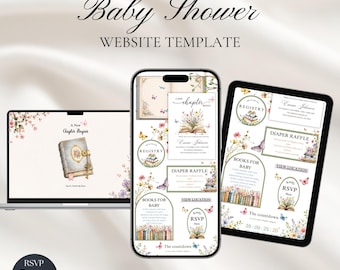 Ein neues Kapitel beginnt – Einladung zur Babyparty im Märchenstil (Website-Vorlage, bearbeitbare Canva-Vorlage, digitale Antwortmöglichkeit)