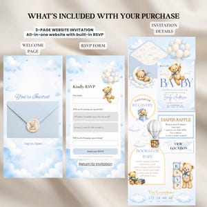 May include: A digital 3-page website invitation template featuring a light blue sky theme with clouds, stars, and teddy bears. The design includes a welcome page with an envelope, an RSVP form, and invitation details with registry and raffle info.