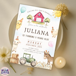 Faire-part d'anniversaire ferme, invitation à une fête d'enfants avec animaux de la basse-cour, modèle d'anniversaire modifiable ranch, carte d'anniversaire imprimable animaux de la ferme