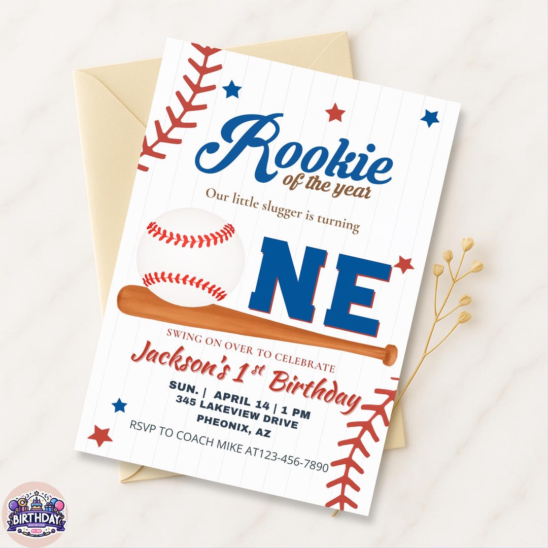 Baseball 1st Birthday Invitation: Rookie of the Year Theme (digital ...