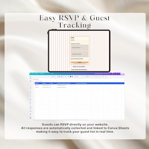 May include: A digital display shows an RSVP form and a spreadsheet. The text "Easy RSVP & Guest Tracking" is at the top. The form includes fields for name and other details. The spreadsheet displays collected guest data. Text at the bottom states guests can RSVP directly on the website.