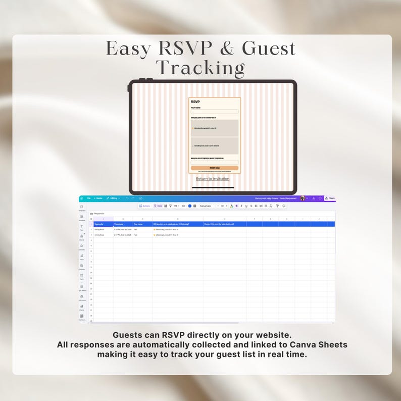 May include: A digital display shows an RSVP form and a spreadsheet. The text "Easy RSVP & Guest Tracking" is at the top. The form includes fields for name and other details. The spreadsheet displays collected guest data. Text at the bottom states guests can RSVP directly on the website.
