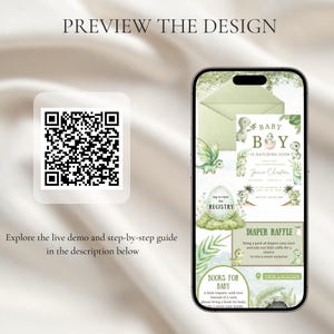 May include: A smartphone displays a baby shower invitation with a dinosaur theme. The invitation features text that reads "Baby Boy is Hatching Soon." A QR code and text, "Explore the live demo and step-by-step guide in the description below," are also visible.