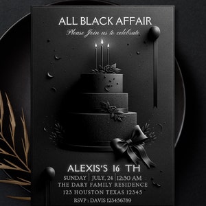 Elegant All-Black Birthday Party Invitation, Customizable 5x7 Print & 1080x1920 Digital Evite, Personalized Event Details All-Black Affair.