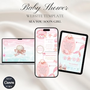 May include: A baby shower website template with a seashell and mermaid theme. The design features a laptop, smartphone, and tablet displaying invitation details. The color scheme includes pink, blue, and white, with the text "Baby Shower" and "Sea You Soon Girl".