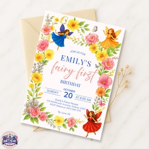 Fairy First Birthday Invitation, Girl 1st Birthday Party Invite, Editable Fairy Template, Printable Magical Invitation, Instant Download, F2