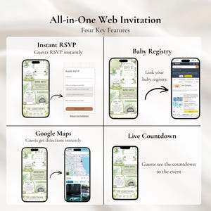 May include: An all-in-one web invitation graphic with four key features: Instant RSVP, Baby Registry link, Google Maps integration, and a Live Countdown. The invitation design features a green and white theme with botanical elements and the text "Baby Boy".