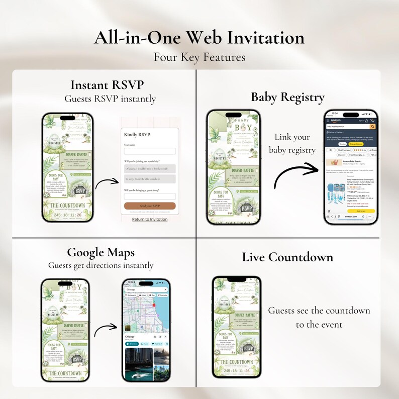 May include: An all-in-one web invitation graphic with four key features: Instant RSVP, Baby Registry link, Google Maps integration, and a Live Countdown. The invitation design features a green and white theme with botanical elements and the text "Baby Boy".
