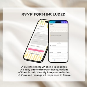 K&ouml;nnte beinhalten: Zwei Smartphones zeigen RSVP-Formulare an. Eines zeigt ein Formular mit Feldern f&uuml;r Namen und Antworten, das andere hat einen rosa "RSVP"-Button. Der Text lautet "RSVP FORM INCLUDED" und Aufz&auml;hlungspunkte: "G&auml;ste k&ouml;nnen in Sekundenschnelle online antworten."
