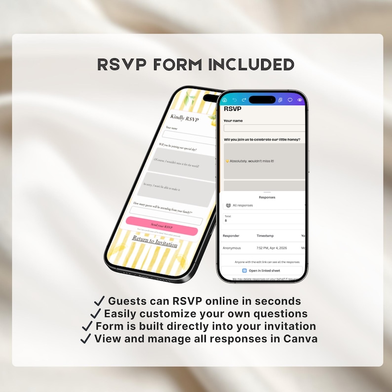 K&ouml;nnte beinhalten: Zwei Smartphones zeigen RSVP-Formulare an. Eines zeigt ein Formular mit Feldern f&uuml;r Namen und Antworten, das andere hat einen rosa "RSVP"-Button. Der Text lautet "RSVP FORM INCLUDED" und Aufz&auml;hlungspunkte: "G&auml;ste k&ouml;nnen in Sekundenschnelle online antworten."