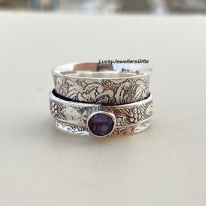 Handmade Sterling Silver Amethyst Spinner Ring - Boho Fidget Jewelry