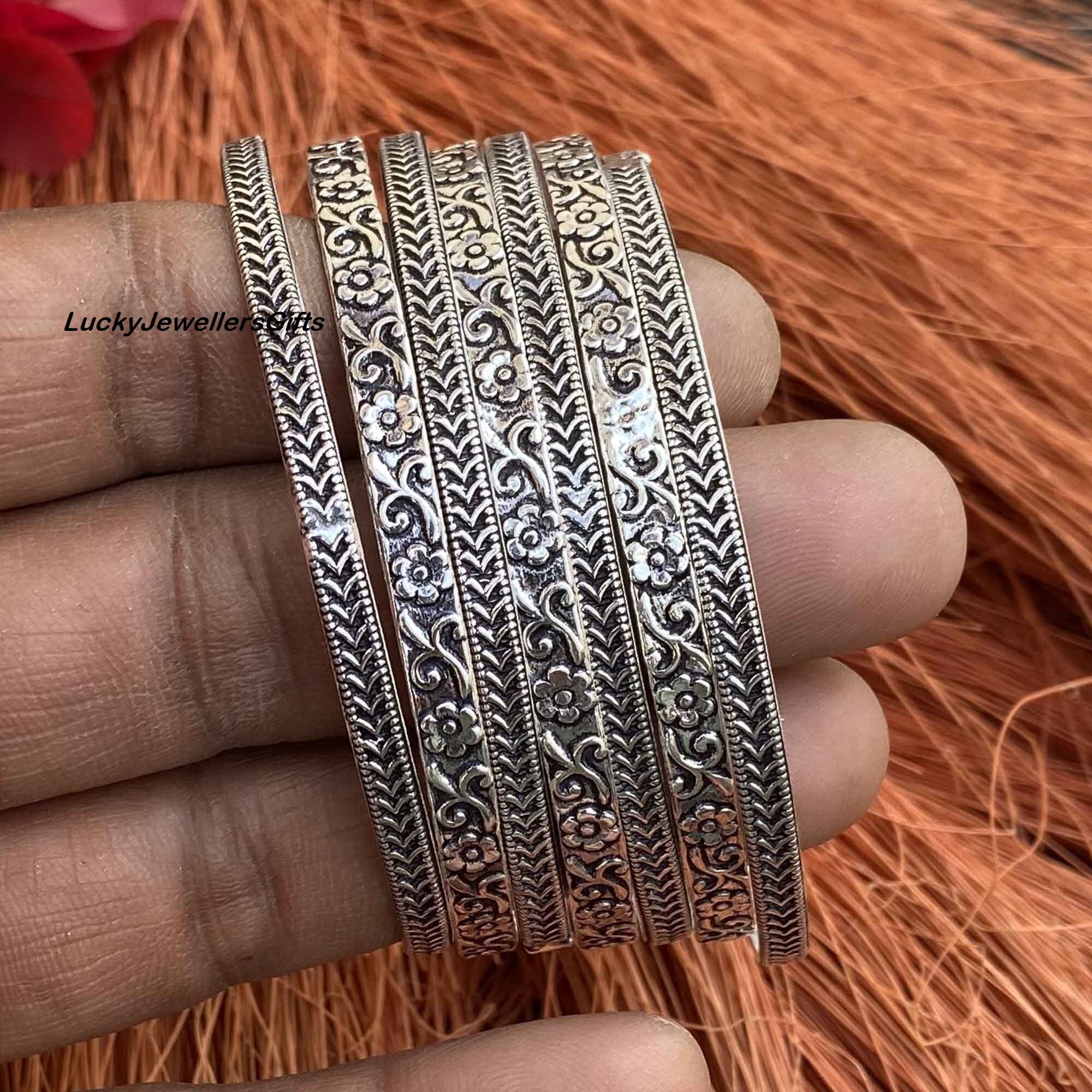 ハンドメイドスターリングシルバーフローラルバングルセット、調節可能