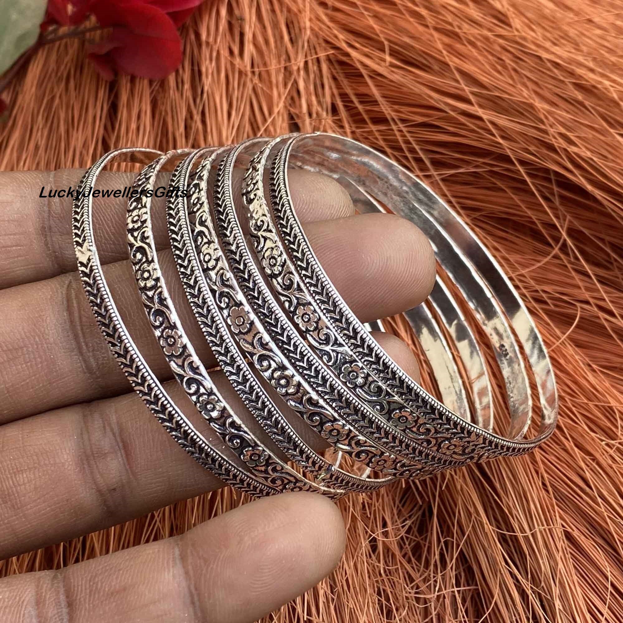 ハンドメイドスターリングシルバーフローラルバングルセット、調節可能