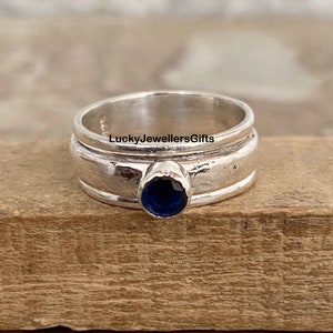 Blue Sapphire 925 Sterling Silver Spinner Ring - Handmade Boho Jewelry
