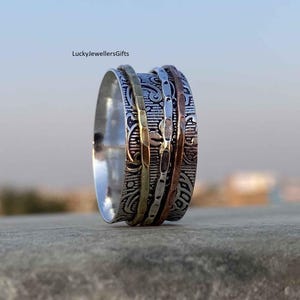 Hammered Sterling Silver Spinner Ring: Mixed Metal Meditation Fidget Ring