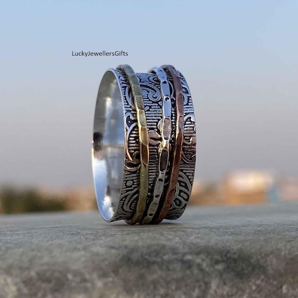 Hammered Sterling Silver Spinner Ring: Mixed Metal Meditation Fidget Ring