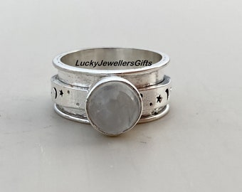 Moonstone Ring Stars and Moon Ring, Meditation Anxiety Ring, Boho Ring, Gift For Her, Spinner Ring, 925 Sterling Silver Ring for Women, Gift