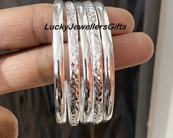 Handmade Sterling Silver Bangle Set: Boho Stackable Hammered Bracelets