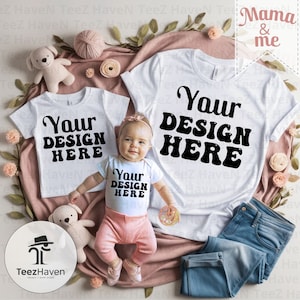 ママと私のモックアップシャツ ホワイトベラキャンバスシャツモックアップ ママと娘のマッチングTシャツ 心地よい秋の母と子のTシャツ ストックフォト JPG