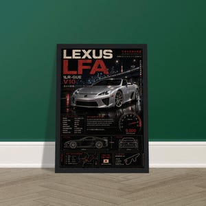 Op de afbeelding: Een rechthoekige poster met een zilveren Lexus LFA sportwagen in de nacht. Het ontwerp bevat de tekst Lexus LFA, 1LR-GUE V10, technische specificaties, een toerentellergrafiek, zij- en vooraanzichten en een kaart van het Fuji Speedway circuit.