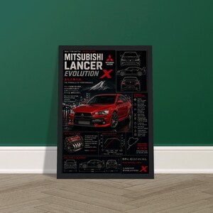 Puede incluir: Un póster negro que muestra un coche Mitsubishi Lancer Evolution X rojo. El diseño incluye especificaciones técnicas, diagramas de motor, dibujos lineales del vehículo y texto en japonés. El título dice Mitsubishi Lancer Evolution X.