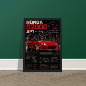 Könnte beinhalten: Ein gerahmtes Poster mit einem roten Honda S2000 AP1 Sportwagen. Das Design umfasst eine Drehzahlmesser-Grafik, technische Daten, eine Strichzeichnung des Fahrzeugs und japanischen Text. Der Hintergrund zeigt eine nächtliche Stadtstraße.