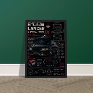 May include: A black poster featuring a Mitsubishi Lancer Evolution IX. The design includes a large car image, technical specifications, engine diagram, performance graphs, and line drawings of the vehicle. Text includes Mitsubishi Lancer Evolution IX.