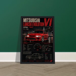 Peut inclure: Une affiche encadrée représentant une Mitsubishi Lancer Evolution VI rouge. Le design inclut le nom du modèle en rouge gras, un compte-tours, une carte technique, un dessin au trait du véhicule et une liste de spécifications en anglais.