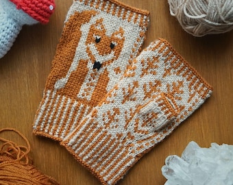 Patrón de manoplas sin dedos de zorro para tejer en PDF, patrón de manoplas sin dedos con diseño de colores, patrón de guantes de invierno de talla única Fair Isle