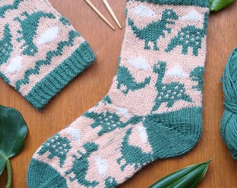 Fun Adult Dinosaur Sock Knitting Pattern - Colourwork Sock Knitting PDF - Quirky Dinosaur Knitting Pattern - Colourful Colourwork Socks