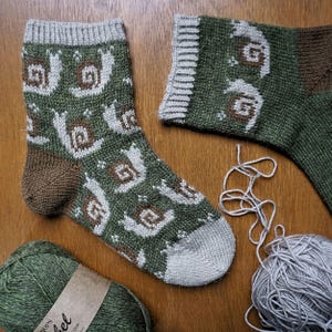 May include: A pair of hand-knitted socks with a snail pattern in shades of green, brown, and gray. The socks are displayed with yarn and a partial sock, showcasing the knitting details. The design features repeating snail motifs.