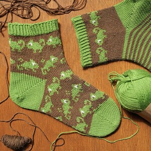 May include: A pair of hand-knitted socks featuring a brown and light green color scheme with a repeating pattern of small green chameleons. The socks have ribbed cuffs, a solid green heel and toe, and are accompanied by a ball of green yarn.