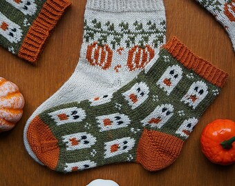Halloween Socks Knitting Pattern Bundle | Haunted Harvest & Pumpkin Patch Colourwork Socks | Knitting PDF Download. Pumpkin Ghost Sock Knit.