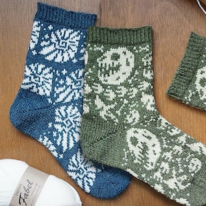 Fossil Sock Knitting Pattern Bundle PDF | Dinosaur Fossil Bones & Ammonite Colourwork Socks | Fair Isle Socks | Drops Fabel + Nord