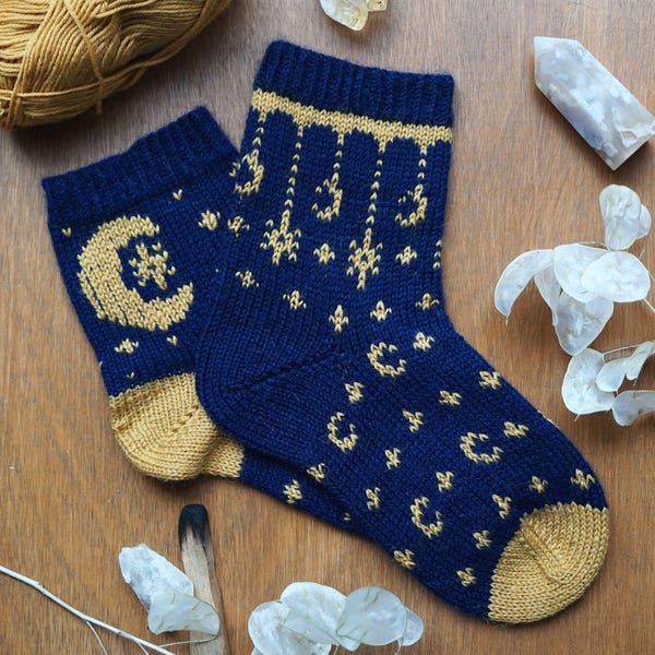 Paquete de patrones de tejido de calcetines celestiales, patrón de tejido de calcetines oscuros de bruja, calcetín de color para principiantes, patrón de calcetín Fair Isle.