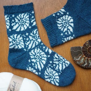 Deepwater Relics Ammonite Sock Knitting Pattern PDF | Fossil Colourwork Socks | Fair Isle Sock Pattern | Drops Nord 4ply