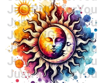 CLIPART - Sun & Moon Bundle (3 Images) - Watercolors -  PNGs - Design Download - Digital Download