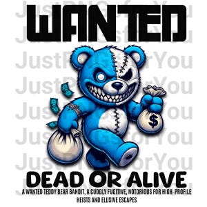 Puede incluir: Ilustración de un oso de peluche azul y blanco con una sonrisa amenazante, sosteniendo bolsas de dinero. La palabra "WANTED" está arriba y "DEAD OR ALIVE" abajo. El texto dice "A WANTED TEDDY BEAR BANDIT, A CUDDLY FUGITIVE, NOTORIOUS FOR HIGH-PROFILE HEISTS AND ELUSIVE ESCAPES."