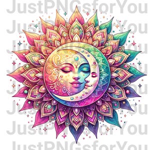 May include: A colorful mandala design with a sun and moon in the center. The sun and moon are depicted as faces, with the sun's eyes closed and the moon's eyes open. The mandala is made up of intricate patterns and colors, including pink, purple, blue, green, and yellow.