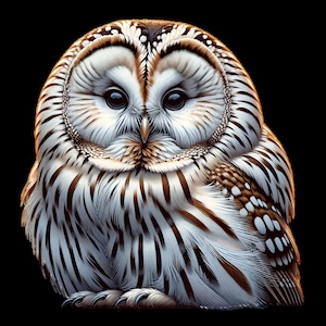 May include: A white and brown owl with black eyes, sitting with its wings folded. The owl has a white chest with brown stripes and a brown back with white spots.