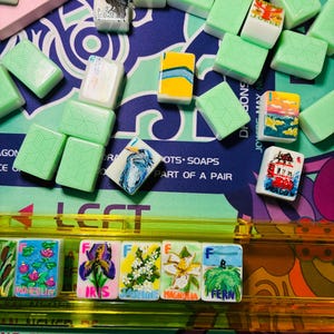 May include: A collection of rectangular mahjong tiles with light green backs featuring geometric patterns. Several tiles display hand-painted illustrations of flowers, birds, and landscapes, with labels including Waterlily, Iris, Jasmine, Magnolia, and Fern.