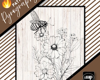 Wildflowers and a Bumble Bee Pyrography Template, Pattern for Wood Burning