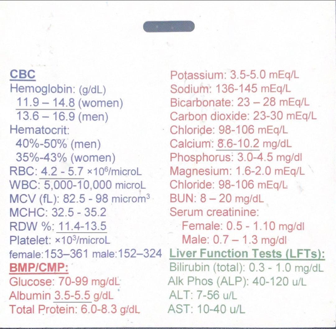 Heros Quick Reference Adult Most Commonly Used Lab Values Badge Cards ...