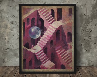 LABYRINTH Wall Art, Crystal Ball Poster Print, Labyrinth Movie Retro Print, Labyrinth Maze Home Decor, Fantasy Sci-fi Lover Gift, Magic Orb