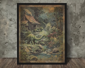 DINOSAUR Wall Art, Nature Cabin Camping Decor, Prehistoric Dino Poster Print, Retro Animal Lover Home Decor, Forest Trees Plants Wall Decor